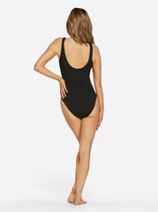 Women Textured Solids Belted One Piece - Black | Jessica Simpson