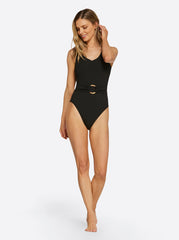 Women Textured Solids Belted One Piece - Black | Jessica Simpson