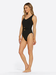 Women Textured Solids Belted One Piece - Black | Jessica Simpson