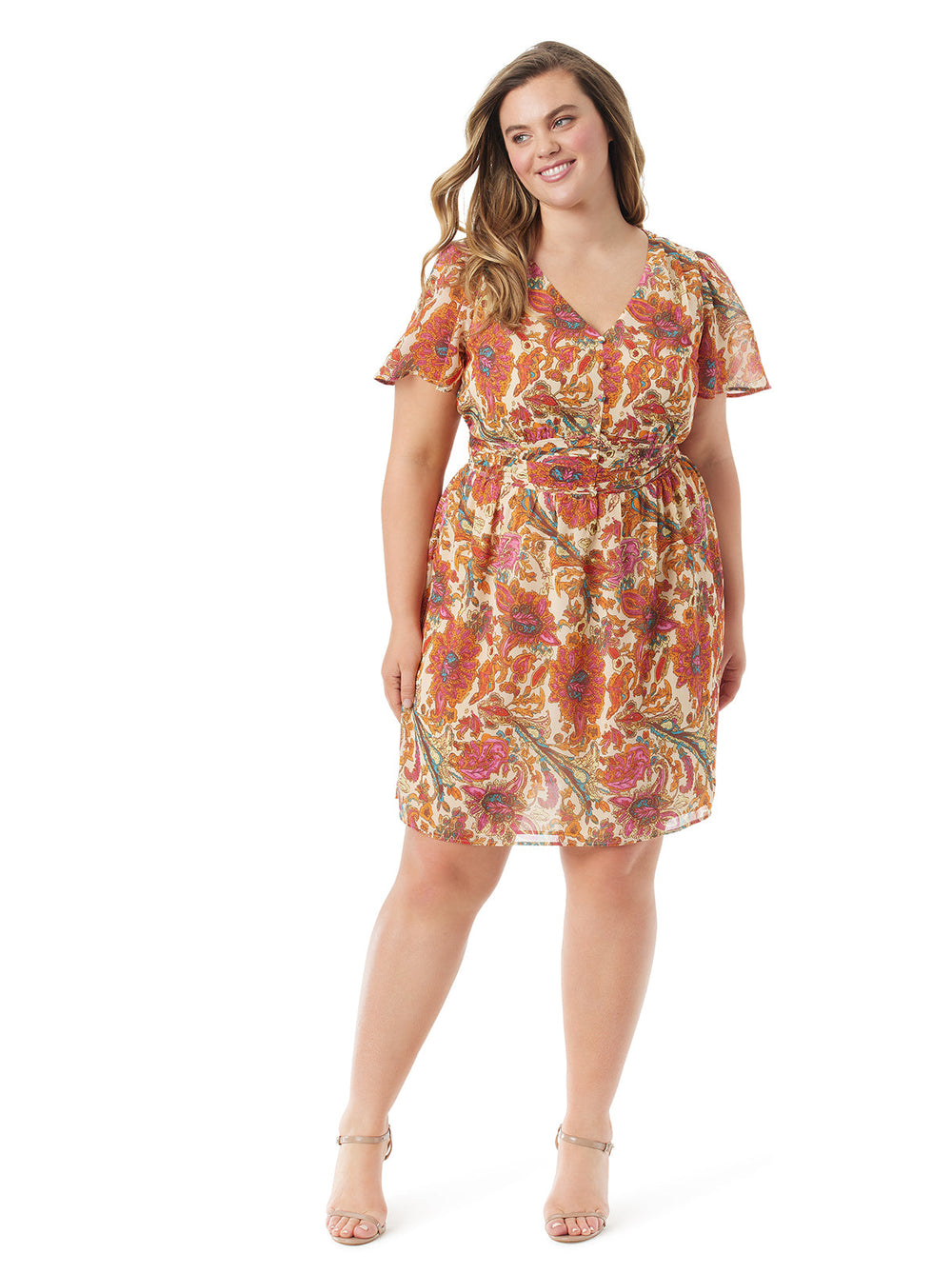 Women Vilma Button Front Dress - Apricot Sherbet Paisley | Jessica Simpson