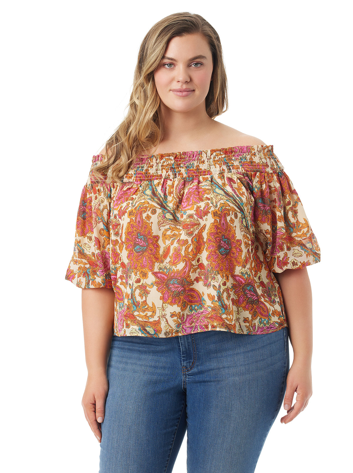 Women Rosiya Off Shoulder Top - Apricot Sherbet Paisley | Jessica Simpson