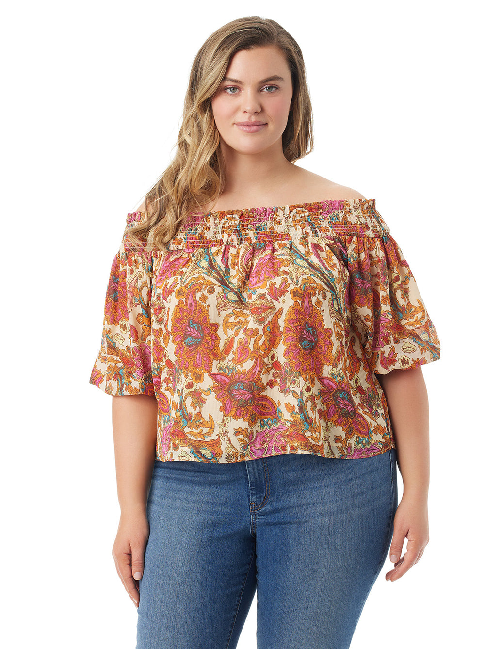 Women Rosiya Off Shoulder Top - Apricot Sherbet Paisley | Jessica Simpson