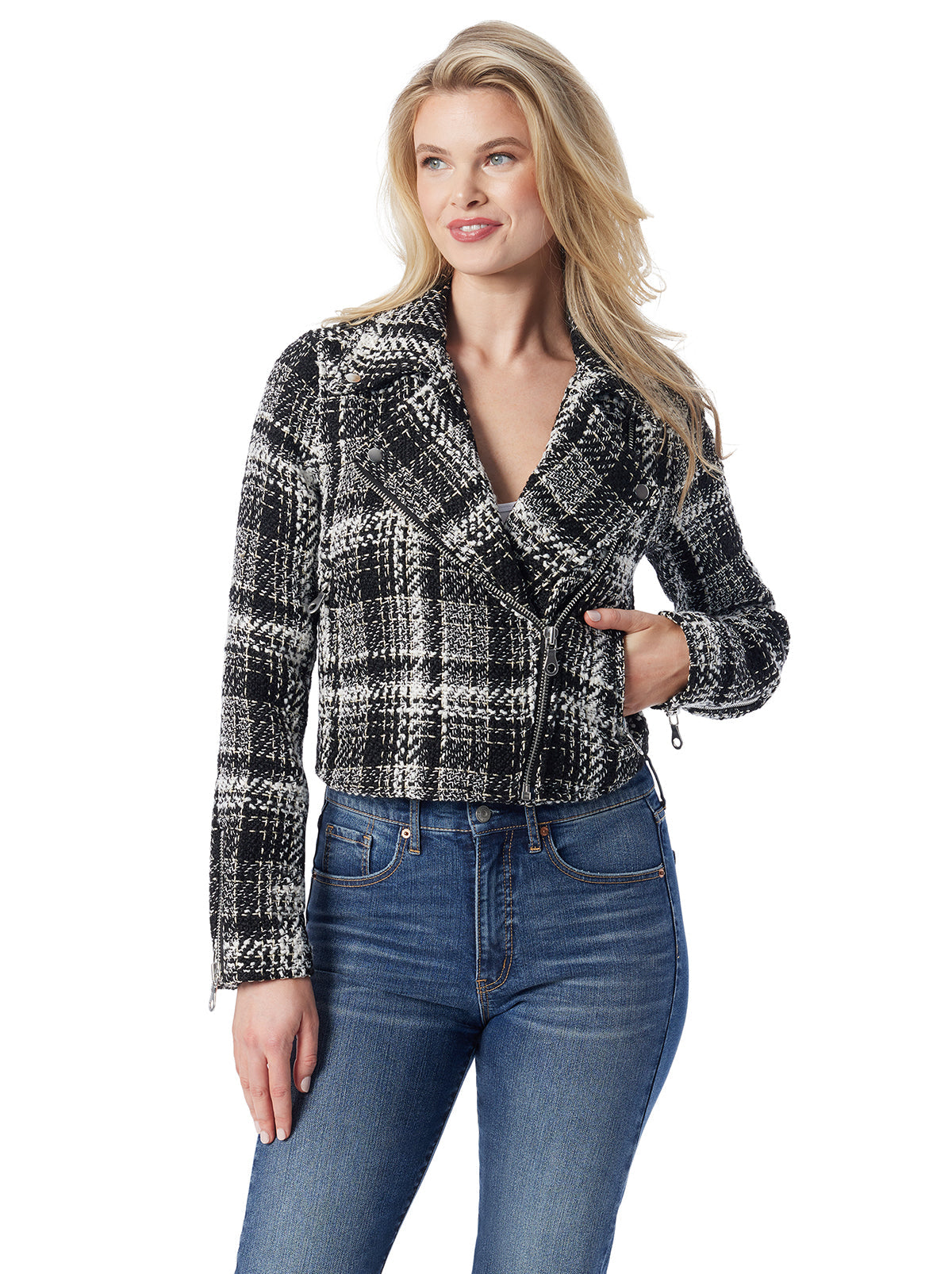Women Biker Jacket - Black & White Tweed | Jessica Simpson